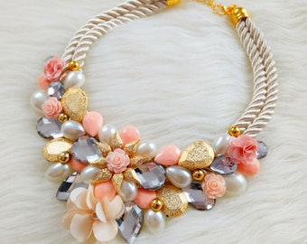 Handmade bib statement necklace with acrylic gemstones, bridesmaid necklace, summer jewelry, gift for her, weddings jewelry, birthday gift