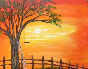 Barn and Windmill Silhouette at Sunset Painting 16 x 20