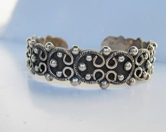 Heavy Mexico Sterling Silver Ornate Cuff Bracelet - 7-8" 2391