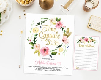 Time capsule first birthday sign, boho floral birthday party, watercolor flowers, pink and gold birthday party, printable print 009