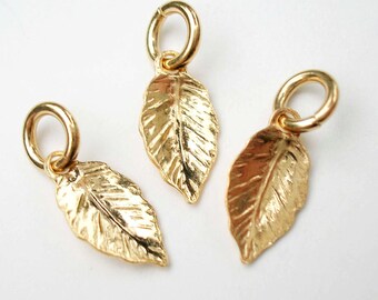 One Tiny Gold Vermeil Leaf Charm with Jump Ring 8 x 5mm