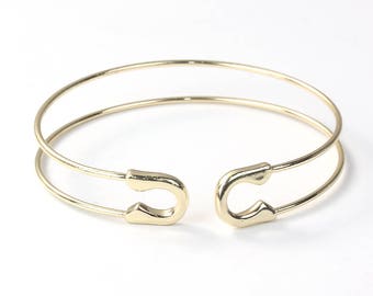 Bangle Bracelet Gold Tone Open Cuff High Quality Safety Pin Style - N287