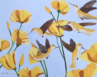 Original Acrylic Nature Painting Titled Yellow Hummingbird Size 11" X 14"