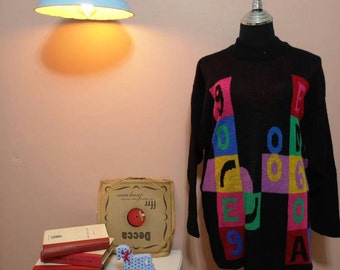 Womens Sweater, Black Sweater, Vintage Sweater, Retro, Number and Letters Sweater, Women Clothing, Black Knitted Sweater For Women 1980s