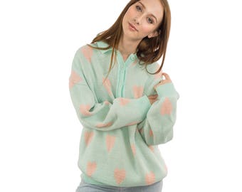 Vintage Fairy Kei Sweater Kawaii Pastel 80s 90s Plus Size Oversized Mint Green Peach Pink Heart 2XL 3XL 18 20 Venezia Sportswear