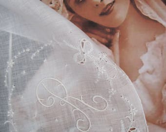 Monogram Wedding Hankie R, Letter R vintage hankie, Vintage Bridal Hankie R, Initial white hankie R