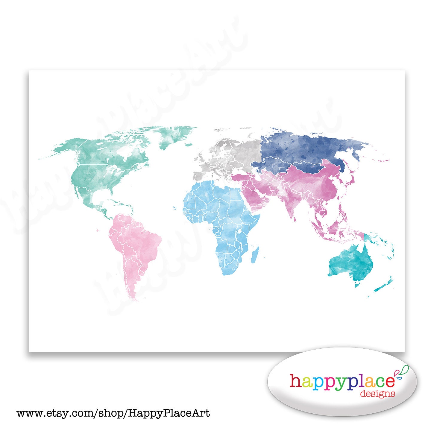 Pretty Pink World Map Wall Art Poster with Personalise option.