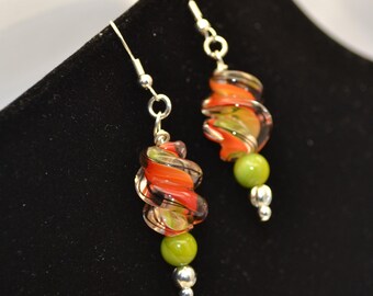 Orange earrings, Orange and Green Earrings,Tangerine orange earrings danble