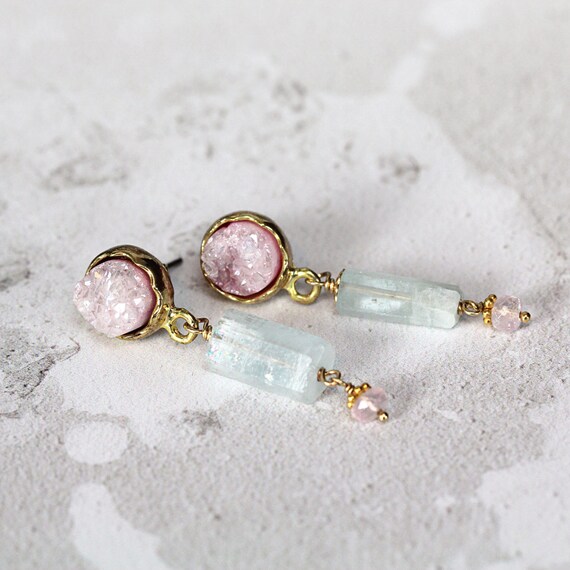 Alternative Wedding Earrings - Aquamarine & Rose Quartz Earrings