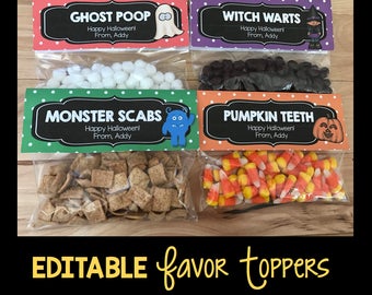 Halloween Party Favor Tags EDITABLE Pumpkin - Witch - Monster - Ghost - Treat Toppers - Baggie Labels - Instant Download PDF