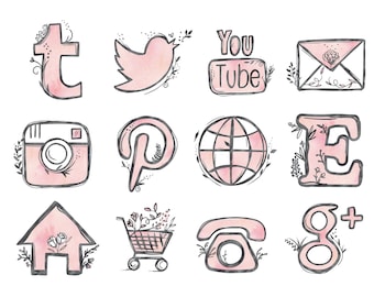 48 hand drawn social media icons social media buttons social icons pink social media icons blog buttons blog icons website icons