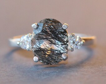 Tourmalated Quartz Gemstone Ring,Premium Tourmalated Quartz 925 Sterling Silver Band,Unique,White Sapphire Gemstone,Womens Ring,Faceted