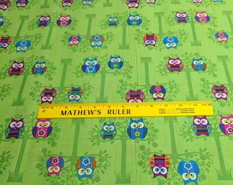 Sitting Pretty Owls on Green Cotton Fabric