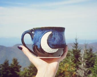 Handmade Ceramic Crescent Moon Mug - Blue and Black