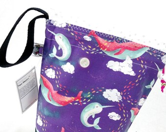 Small Knitting Project Bag Crochet Drawstring Tote WIP Bag - Dream Whales
