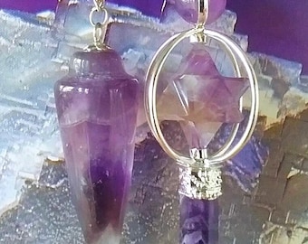 2 AMETHYST Dowsing Pendulums, One Spinning Merkaba and a Solid AMETHYST Teardrop, Sacred Geometry, with 2 Pouces, Divination