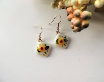 Fused glass earrings,rhombus fused earrings, red yellow green earrings, dichroic drop earrings