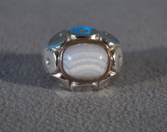 Vintage Sterling Silver Yellow Gold Overlay Striated Purple Agate Fancy Raised Relief Cigar Band Ring, Size 6