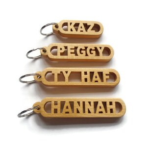 Personalized Name Keyrings, Wooden Keyrings, made from Elm finished in linseed oil coated with a protective coat of lacquer