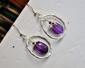 Amethyst silver hoop earrings