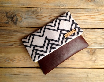 Modern Print clutch, leather clutch, leather fold over clutch, triangle clutch, chevron clutch,