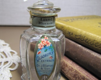 Vintage Glass Perfume Bottle - Dr. J. B. Lynas & Son - Quadruple Extract - Laurel Blossom - Paper Label - Glass and Cork Stopper