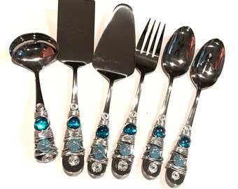 Hostess Serving Pieces Beaded & Wire Wrapped, Serving Set, Spoon, Spatula, Meat Fork, Pie Server, Ladle, Slotted Spoon, Wire Wrapped Utensil