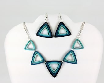 Geometric Blue Ombre Jewelry Set - paper quilling earrings and necklace, blue necklace and earrings, triangle necklace, triangle earrings
