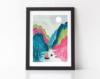 Norway Print, Norway Fjord Art Print, Wall Art, Poster, Landscape Illustration, Scandinavian Travel Art, Home Decor, Gift