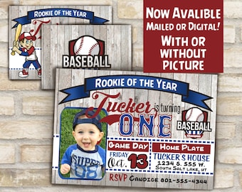 baseball invitation for first birthday party or any age available with / without photo, digital download or mailed prints rookie of the year