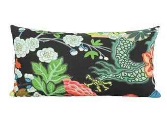 READY TO SHIP - 12x22 Chiang Mai Dragon Ebony + Tumbling Blocks Black designer pillow cover (sized for 12x24 insert)