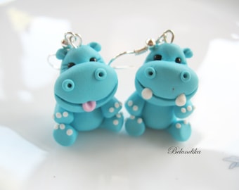 Turquoise hippos earrings,polymer clay,hippopotamus