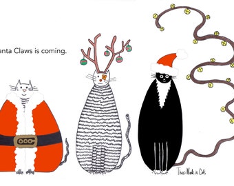 Cat card - Christmas Funny Cats Three Cats Santa Claus Claws Reindeer Ornament Jingle Bells Merry Xmas