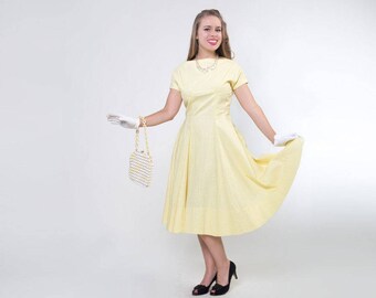 50s Yellow Cotton Plisse Summer Day Dress M