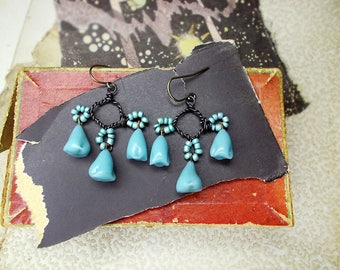 Rustic Assemblage Earrings - Short Chandeliers - Handmade Bead & Wire Connectors - Dark Steel, Pearly Aqua Glass - Vintage Dimpled Charms