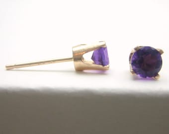 Amethyst 14K Gold Stud Earrings - Gold Earrings - 3 mm 4 mm 5 mm - Post Earrings - Amethyst Earrings - Birthstone Earrings - Solid 14K Gold