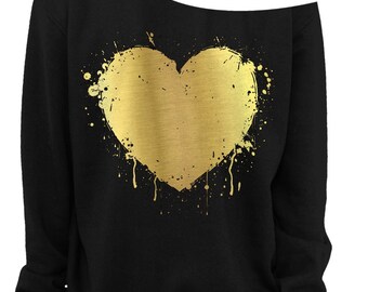 VALENTINE'S DAY - HEART - Foil - Slouchy Sweatshirt - Grunge - Splatter Heart - Off the shoulder - Gold Foil Imprint - s-3x