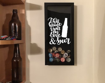 Bottle Cap Holder Shadow Box - This Home Runs on Love & Beer - Black (6" x 14") - Vinyl Decal Gifts, Home Bar Accessories