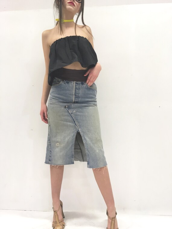 Levi's High Waisted Denim + Leather Jeans Pencil Longuette LOLA DARLING Skirt Leather Waistband Back Pocket Vintage Recycled One-of-a-kind