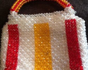 Beautiful vintage plastic vibrant clear, red & yellow beaded JEM purse hand made in Hong Kong