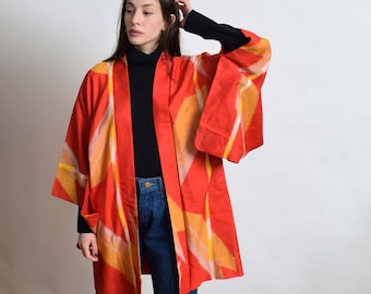 1950s Abstract Shapes Silk Haori Kimono 50s Vintage Red Short Robe XS S M L