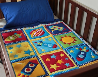 Boys Rocket Ship Baby Quilt with matching pillowcase