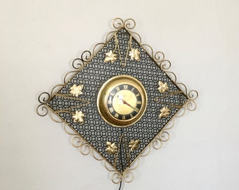 Midcentury Wall Clock , Black and Gold, Vintage Electric Wall Clock
