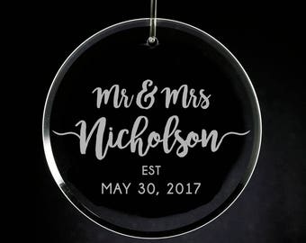 Engraved Mr & Mrs Glass Ornament, Personalized Wedding Gift, Newlyweds, 1st Christmas, Married 2017, Custom Glass Ornament, Etched Glass
