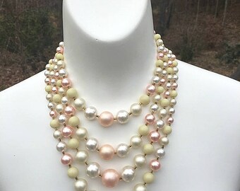 Pink Yellow White Multi Strand Necklace, Multicolor Necklace, Four Strand Necklace, Beaded Necklace, Graduated Necklace, Choker Necklace