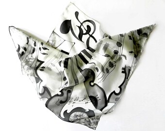Musical silk scarf . Black and white hand painted scarf . Ready to ship.