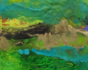 Abstract Encaustic painting, abstract landscape painting, abstract painting, emerald green landscape