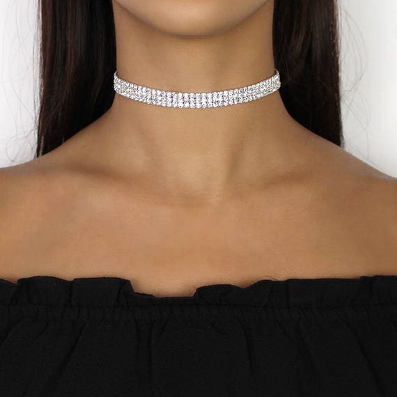 Diamond Choker Necklace For Women 3 Rows Choker Rhinestone