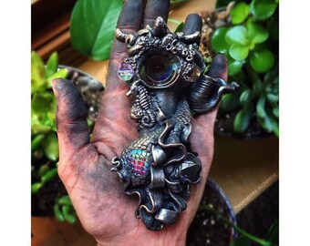 Sculpted Mermaid Pipe with Amethyst Crystal, Real Starfish, seahorse, and coral over heady glass // Electroformed Pipe //