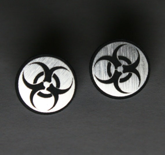 Biohazard Earings Brushed Aluminum Black Plastic Laser